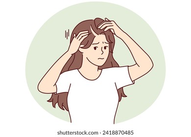 Woman suffering from hair loss touching head looking at scar through mirror. Girl with sad face looks at camera demonstrating problem area in hair needs help of beautician. Flat vector image