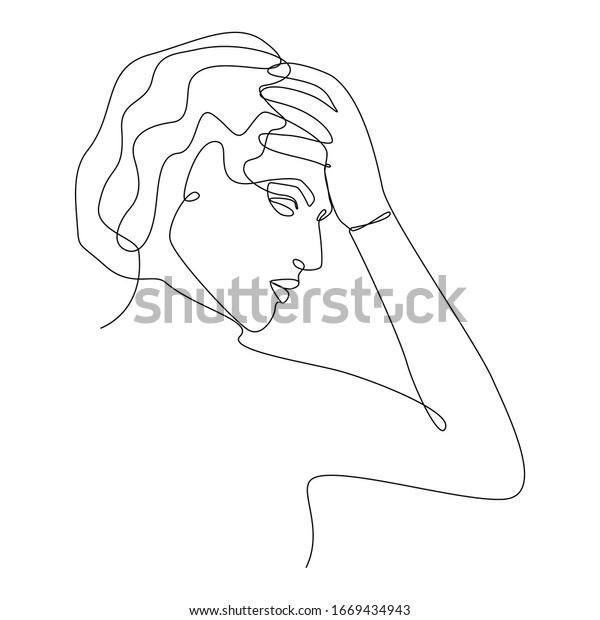 白い背景に1行の絵を描く頭痛に悩む女性 ベクターイラスト のベクター画像素材 ロイヤリティフリー