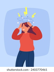 Woman suffering from headache vector illustration. Woman touching head, throbbing pain, dizziness. Migraine, headache concept