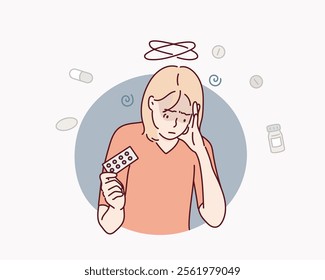 Woman Suffering from Headaches Feeling Dizzy. Hand drawn style vector design illustrations.