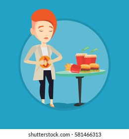 Woman suffering from heartburn. Caucasian sad woman having stomach ache from heartburn. Woman having stomach ache after fast food. Vector flat design illustration in the circle isolated on background.