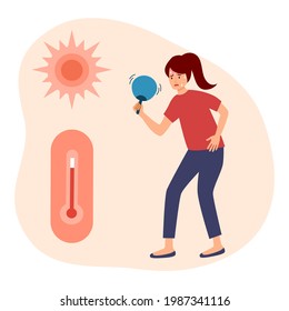 Woman suffering from heat stroke and holding waving fan with sun and thermometer in flat design. Overheated hot climate.