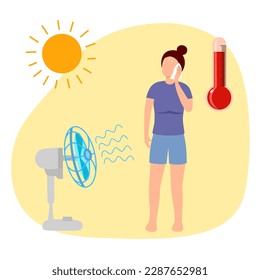 Woman suffering from heat stroke and standing in front of fan blow in flat design. Overheated hot climate.