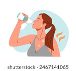 Woman suffering from heat, sweating and drinking fresh water from bottle to prevent dehydration on hot summer day. Hydration concept. Vector illustration.
