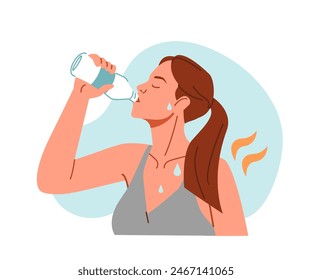 Woman suffering from heat, sweating and drinking fresh water from bottle to prevent dehydration on hot summer day. Hydration concept. Vector illustration.