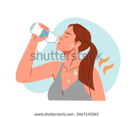 Woman suffering from heat, sweating and drinking fresh water from bottle to prevent dehydration on hot summer day. Hydration concept. Vector illustration.