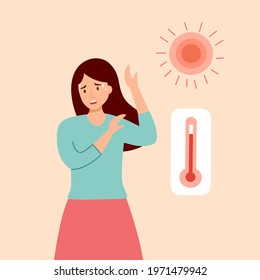 Woman suffering from heat and sweaty dehydration with thermometer and strong sunlight in flat design. Hot climate in summer.