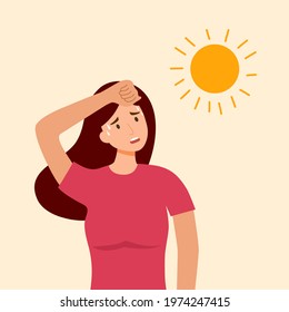 Woman Suffering From Heat And Sweaty Dehydration From Strong Sunlight In Flat Design. Hot Climate In Summer.