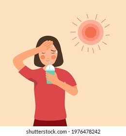 Woman suffering from heat and sweaty dehydration from strong sunlight. She drinking cold beverage in flat design. Hot climate in summer.