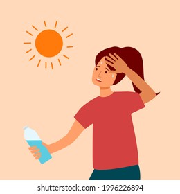 Woman suffering from heat and sweaty dehydration from strong sunlight. Female holding a bottle of water in flat design. Hot climate in summer.
