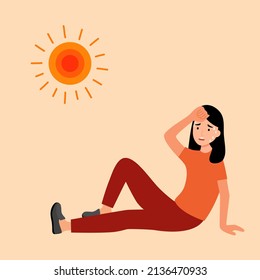 Woman Suffering From Heat And Sweaty Dehydration From Strong Sunlight In Flat Design. Hot Climate In Summer.