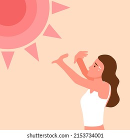 Woman suffering from heat and sweaty dehydration under strong sunlight in flat design. Hot climate in summer.