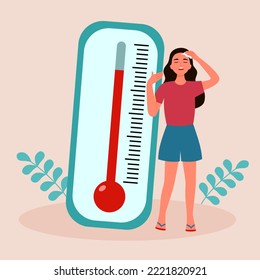 Woman suffering from heat and sweaty dehydration standing with temperature in flat design. Hot summer day.