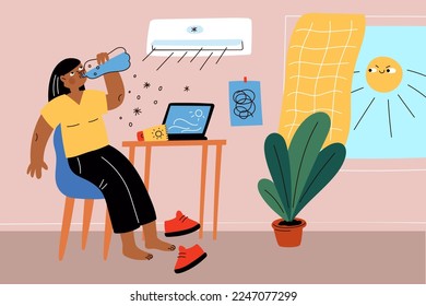 Woman suffering from heat. Unhappy sweaty girl under air cooling conditioner. Female character drinks cold water from bottle. Hot summer. Heatstroke and dehydration