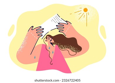 Woman suffering from heatstroke tries to hide from summer sun by holding sheet of paper over head. Unhealthy girl feels heatstroke and sweats for concept of global warming and climate change