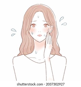 A woman suffering from hyperperspirat disease. On a white background. Cute and simple art style.