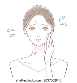A woman suffering from hyperperspirat disease. On a white background. Cute and simple art style.