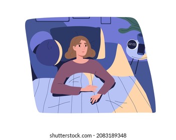 Woman suffering from insomnia in bed, lying at home bedroom at sleepless night. Awake, insomniac and tired person with bad sleep disorder. Concept of sleeplessness problem. Flat vector illustration