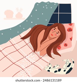 Woman suffering from insomnia in bed, lying at home bedroom at sleepless night. Awake, insomniac and tired person with bad sleep disorder. Concept of sleeplessness problem. Flat vector illustration