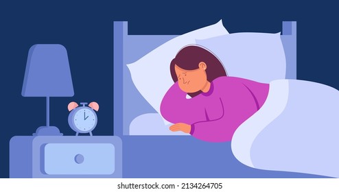 Woman suffering from insomnia flat vector illustration. Depressed and sad female person lying in bed with open eyes and unable to sleep at night. Sleep disorder, fatigue, sleepless concept