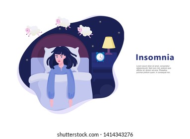 Woman suffering from the insomnia. Girl with no sleep at night lying in the bed and counting sheep. Exhausted character. Flat vector illustration