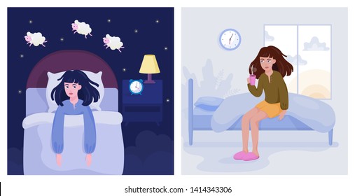 Woman suffering from the insomnia. Girl with no sleep at night lying in the bed and counting sheep. Exhausted character in the morning. Flat vector illustration