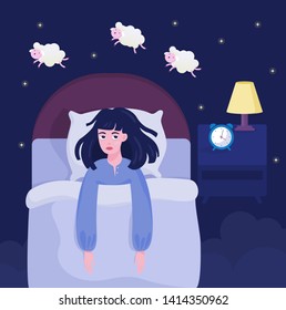 Woman suffering from the insomnia. Girl with no sleep at night lying in the bed and counting sheep. Exhausted character. Flat vector illustration