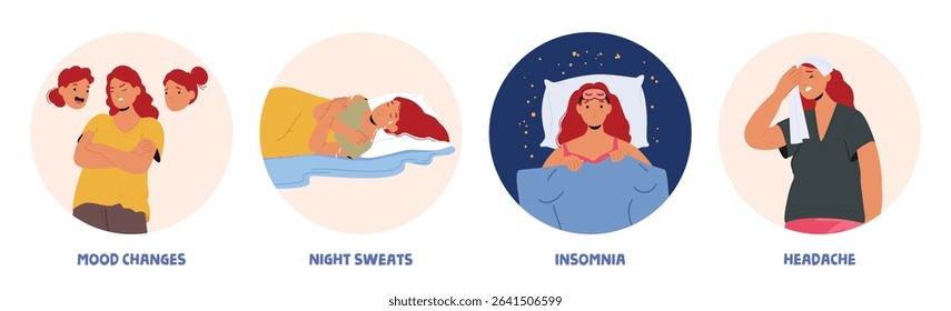 Woman suffering from insomnia, mood changes, night sweats, headache menopause symptoms isolated round portraits with text set. Female health, gynecological diseases and disorders vector illustration
