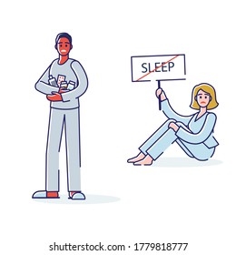 Woman suffering from insomnia. Poor sleepless woman staying wakeful night and day. Insomnia medical treatment concept. Sleeplessness problem. Linear vector illustration