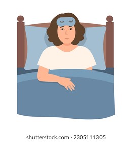 Woman suffering from insomnia.Girl  in bed with open eyes in darkness. Concept of late at night, sleeping disorder, tired and sleepless, illness, depression effect. Flat vector illustration