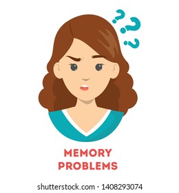 Woman suffering from the memory problems. Confused person with question mark above. Brain disease symptom. Isolated vector illustration in cartoon style