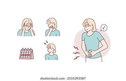 A woman suffering from menstrual cramps. Hand drawn style vector design illustrations.