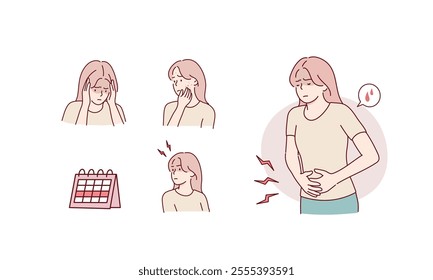 A woman suffering from menstrual cramps. Hand drawn style vector design illustrations.