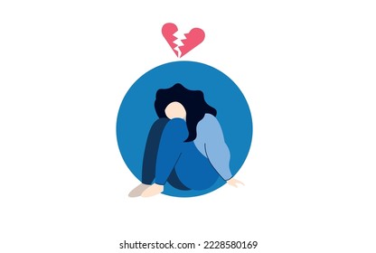 Woman suffering from mental illness anxiety burnout sits on the floor. Blue colors. Flat vector isolated illustration.