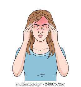 Woman suffering from migraine headache diagram hand drawn schematic vector illustration. Medical science educational illustration