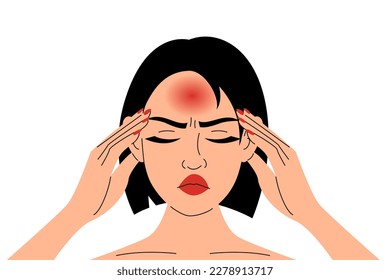 Woman suffering from migraine vector isolated. Female character touching head, painful area. Headache, emotional stress. Young adult woman stressed because of migraine.