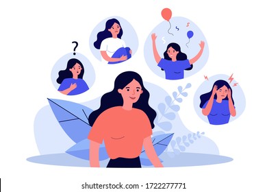 Las mujeres que sufren de cambios de humor. El personaje femenino siente varias emociones, celebra, llora, se distrae. Ilustración vectorial para el concepto de trastorno de comportamiento, estrés, enfermedad mental