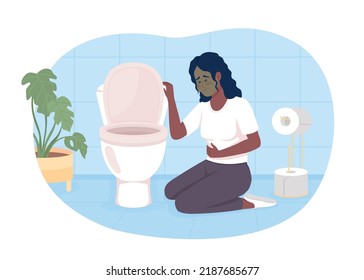 Woman suffering from nausea in bathroom 2D vector isolated illustration. Gut infection flat character on cartoon background. Sickness colourful editable scene for mobile, website, presentation