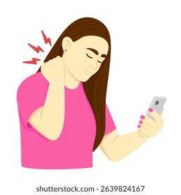 Woman suffering from neck pain. Woman feeling discomfort touching her neck while holding smartphone. Vector illustration