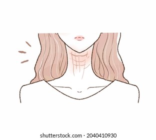 Woman suffering from neck wrinkles. On a white background.