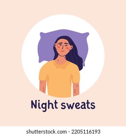 Woman Suffering From Night Sweats Or Hot Flashes. Menopause Symptoms. Heat Stroke. Flat Vector Illustration.