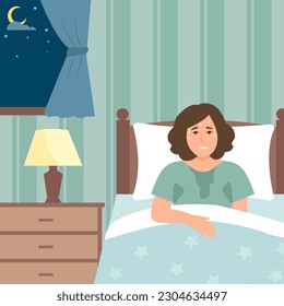 
Woman suffering from night sweats or hot flashes. Menopause or disease symptoms. Flat vector illustration.
