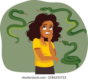 
Woman Suffering from Ophidiophobia Vector Concept Illustration. Girl biting nails experiencing extreme fear of snakes 

