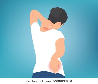 Woman suffering from pain in the waist and neck, health problem. Health care concept vector illustration.