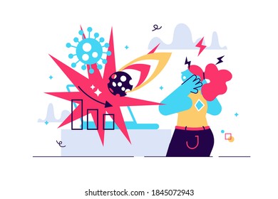 Woman suffering from panic attack after reading news online. Anxious posts in social media. Concept of fear of negative mass information in the internet. Vector illustration in flat cartoon style