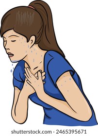 A woman suffering from panic disorder experiences dizziness, sweating, shortness of breath, racing heart, tightness in the chest. Vector illustration.