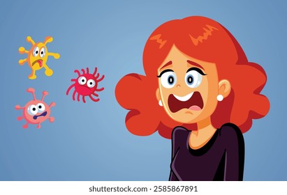 
Woman Suffering from Phobia of Germs Vector Concept Illustration. Stressed lady suffering from  germaphobia extreme behavior 
