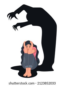 A woman suffering from phobia and panic attacks. The concept of frustration. A frightened woman is afraid of a scary shadow monster. Psychology and Mental Health. Vector illustration in cartoon style