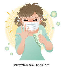 Woman suffering from pollen allergies sneezes. Gradients and blend tool is used.