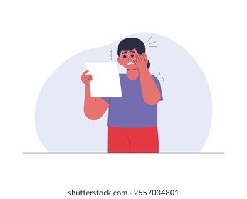 Woman suffering from poor eyesight, unable to read due to eye health problems she suffers from, resulting in her being worried, vector illustration.